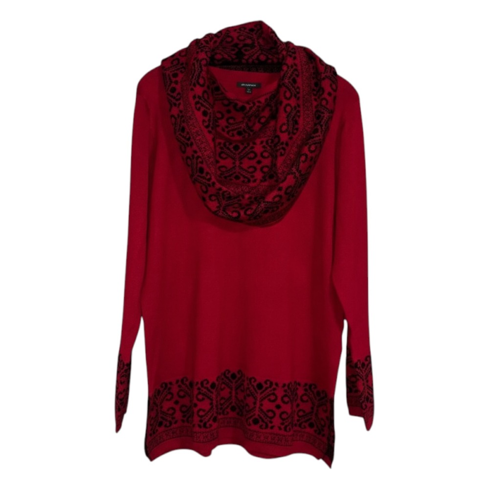 Lety & Me Red Black Paisley Print Cowl Neck Sweater Scarf Set Women XL